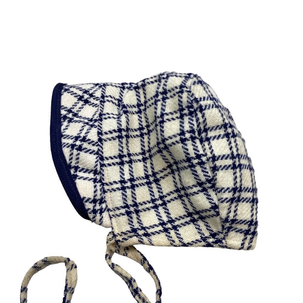 Vintage Wool‎ Ivory and Navy Plaid Lined Hat Toddler Size